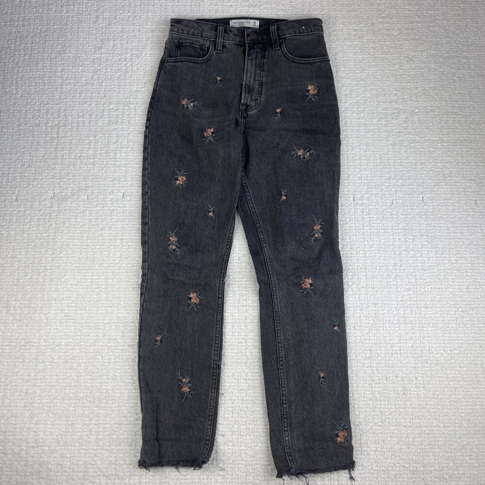 Abercrombie & Fitch High-Rise Charcoal Black Jeans with Pink Floral Embroidery